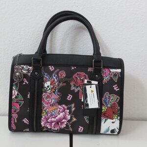 Ed Hardy Black Floral Skull Satchel Bag